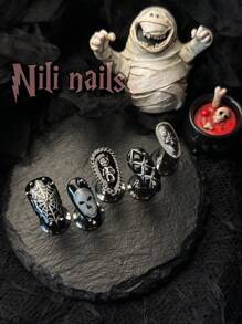 独特的万圣节指甲，10 件恐怖季节独家万圣节手工按压指甲杏仁指甲 3d 立体钻石网格手工雕刻 Y2k 指甲 3d 艺术手工雕刻蜘蛛网和扎染指甲艺术银色和黑色指甲全覆盖亚克力假指甲套装，适合女性和女孩，附赠凝胶贴纸指甲锉