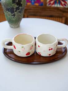 1pc Korean Ins-Style Hand-Painted Ceramic Coffee Cup & Saucer Set, Asymmetrical Cup Body With Cherry & Strawberry Pattern, Practical Ceramic Drinkware For Office, Casual, Breakfast, Afternoon Tea