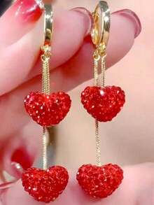 Rundraw 2pcs Luxury Metal Studded Heart Shaped Dangle Earrings For Women, Elegant Party & Festival Gifts Valentines,Mom,Mother,Mother's Day,Gift - 紅色 - 查看 3