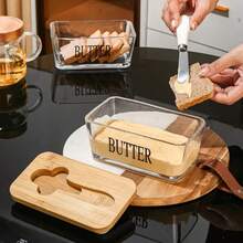 1pc Acacia Wood Lid Glass Butter Dish Set. Thick Glass Butter Container With Bamboo Lid For Home Kitchen, Large Butter/Cookie/Snack Storage, Suitable For Gifts, Christmas Present