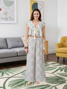 Women 2 Piece Pajamas Set Floral Print Tie Front Fly Sleeves Shirt And Elastic Pants For Loungewear Soft Sleepwear - 藍白色 - 查看 4