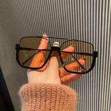 1 Piece Oversized Square Mirror AC Lens Glasses - Retro Metal Frame Double Bridge Design, Unisex Fashion Driving Glasses (Includes Glasses Case And Cleaning Cloth), Party Glasses, Unisex Style, Decorative Glasses, Retro Style, Fashion Design,  Accessories - Black - View 8