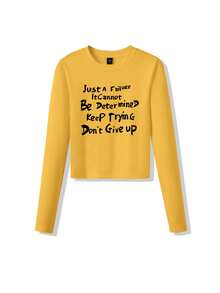 复古美式修身长袖T恤，性感优雅休闲叠穿T恤，字母印花圆领内搭，适合秋冬季穿着 - 黃色 - 查看 11