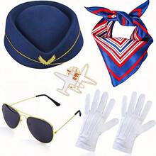 5pcs/Set Holiday Themed Flight Attendant Hat, Scarf, Brooch, Gloves, Glasses Cosplay Accessories, Retro Stewardess Outfit,Halloween