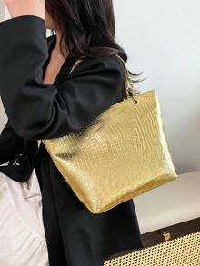 大容量鳄鱼纹单肩托特包，女士手提包，新款PU斜挎链条包 - 金色 - 查看 2