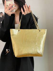 大容量鳄鱼纹单肩托特包，女士手提包，新款PU斜挎链条包 - 金色 - 查看 5