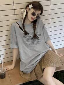 Women's Loose Hollow-Out Slogan Print Short Sleeve T-Shirt, Grey - Grey - View 2