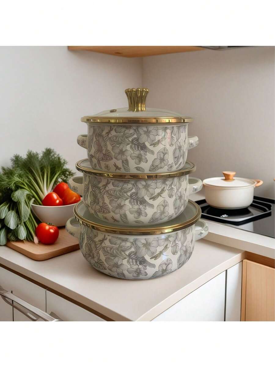 3pcs Enamel Coated Cookware Set: Milk Pot With Dual Handles, Enamel Bowl, Mini Pot, Soup Pot, Ramen Bowl, Small Hot Pot, Thick Enamel Pot, Dual Handle Pot Suitable For Induction Cooktop & Gas Stove, For Cooking Small Portions Or Food Preservation, Family Dinner Supplies, Party Supplies - Multi-color Gold-rimmed Enamel Pot - View 1
