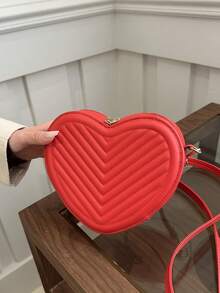 V 型压纹 PU 纯色心形女士单肩包，浪漫斜挎包，情人节礼物，适合购物、钱包、年轻女性、大学生、新婚夫妇、办公室女士。非常适合办公室、大学、工作、商务、通勤、户外活动、旅行和野餐。 - 紅色 - 查看 3