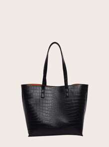 Women's Casual Crocodile Embossed Large Capacity Tote Bag, Suitable For Daily Use - Black - View 1