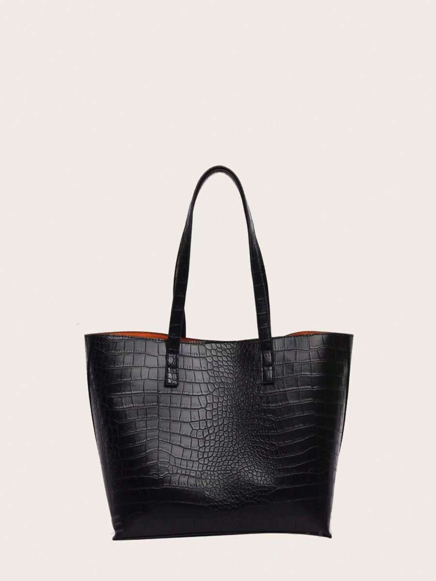Women's Casual Crocodile Embossed Large Capacity Tote Bag, Suitable For Daily Use - Black - View 1