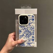 1pc White Leather Texture Minimalist Blue Flower & Bird Pattern Phone Case, Suitable For IPhone 16 Pro Max, 15, 14 Plus, 13, 12, 11