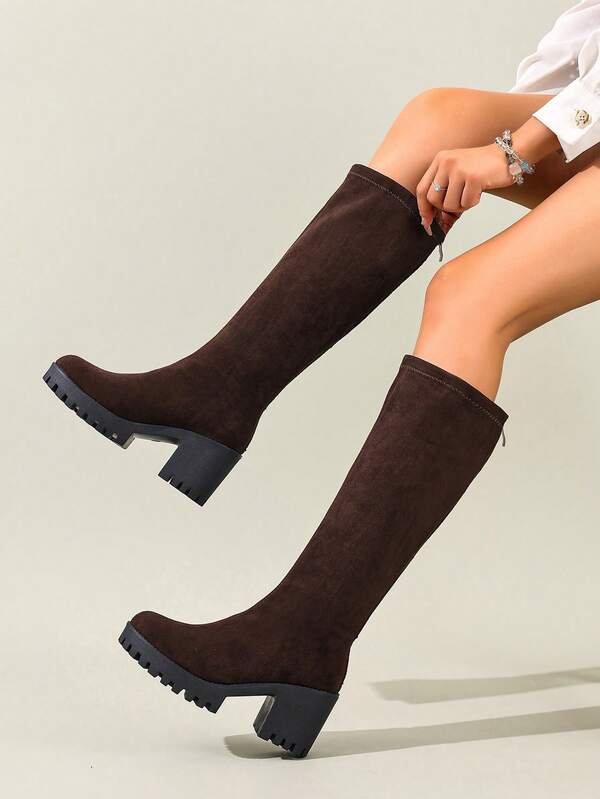 Western Style Side Zipper Fashion Boots For Women Women's Solid Color Over-The-Knee Boots, Round Toe Thick Sole Fashion Boots Commute & Party Black Elastic Skinny Boots, Suitable For Autumn/Winter