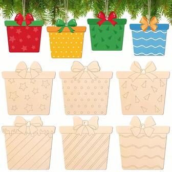 6pcs Unfinished Wooden Laser Cut Christmas Gift Box Shapes, DIY Coloring Wooden Craft Material For Home Decor, Holiday Decoration, Christmas Tree Ornaments, With Holes For Hanging