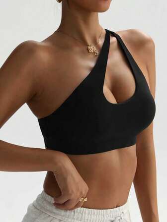Women's Black Removable Padded Shoulder Knit Sports Bra