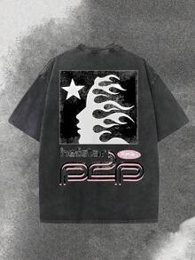 Uaddw Brand Y2K, [Retro Cotton T-Shirt] High-Quality 100% Cotton Men's Retro-Style Pink Dynamic Pattern, Distressed Flame Face Pattern, Distressed Washed T-Shirt, Washed Short-Sleeved, Street Style, Funny Graphic Tees For Men, Fashionable And Casual, Versatile, Camiseta Para Hombre - 黑色 - 查看 1