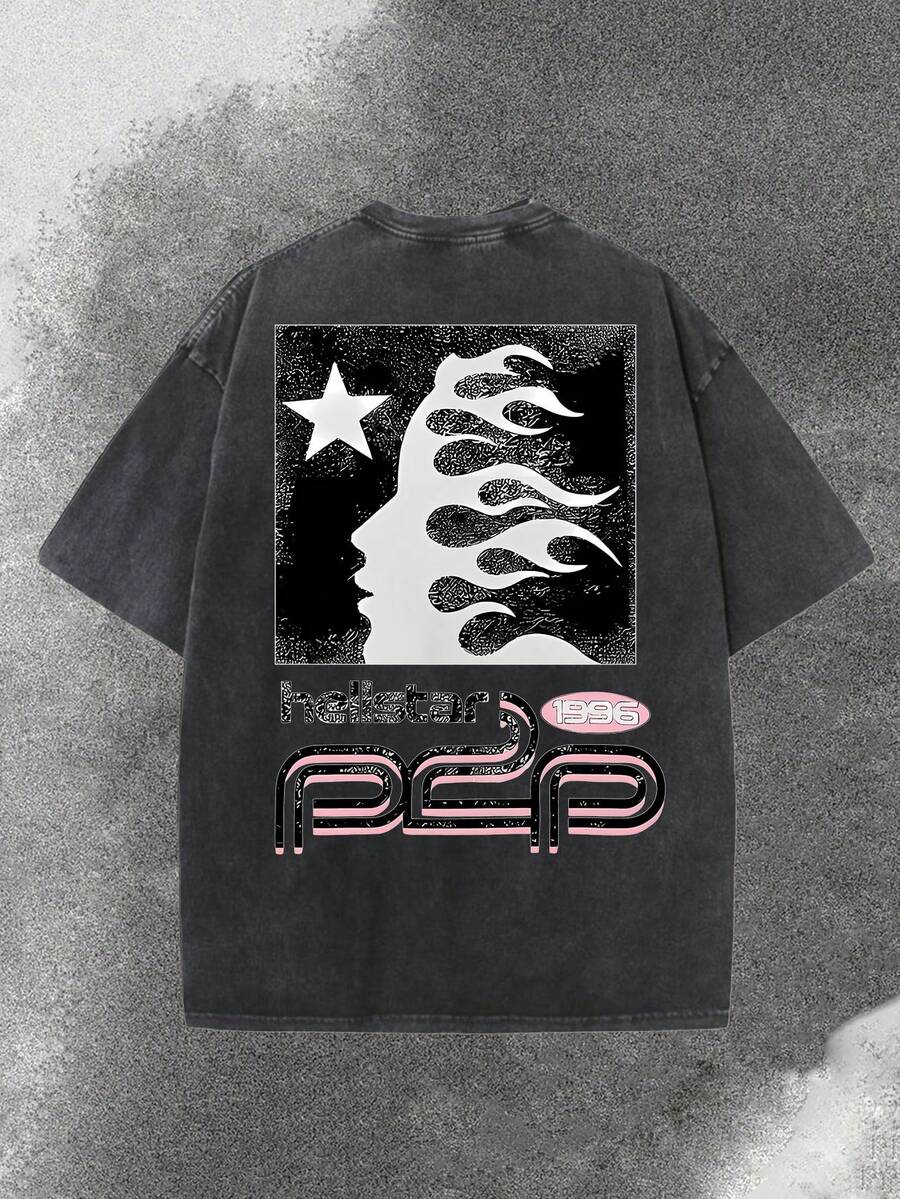 Uaddw Brand Y2K, [Retro Cotton T-Shirt] High-Quality 100% Cotton Men's Retro-Style Pink Dynamic Pattern, Distressed Flame Face Pattern, Distressed Washed T-Shirt, Washed Short-Sleeved, Street Style, Funny Graphic Tees For Men, Fashionable And Casual, Versatile, Camiseta Para Hombre - 黑色 - 查看 1