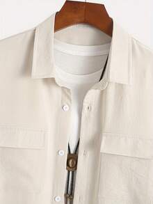 Men's Solid Color Comfortable Breathable Material Polo Collar Double Pocket Loose Long Sleeve Shirt And Drawstring Accent Pants Two Pieces Set, Suitable For Casual, Fashion, Commuting, Street Style, Summer New Arrival - Apricot - View 5