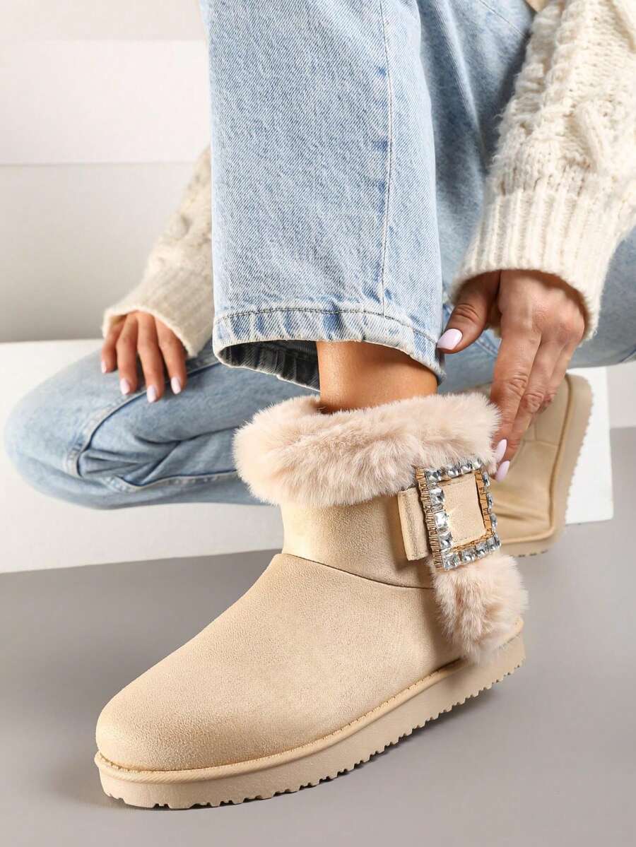 Soft Faux Fur Ankle Boots - Women's Winter Casual Boots - Beige - View 1