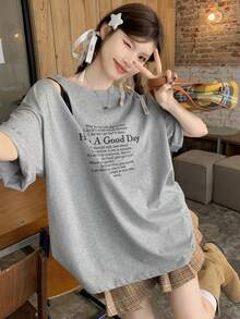 Women's Loose Hollow-Out Slogan Print Short Sleeve T-Shirt, Grey - Grey - View 8