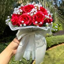 Elegant White Rose Bridal Bouquet, Decorated With Lace - Classic Wedding & Anniversary Floral Arrangement For Bridesmaids, Tossing Bouquet, Bridal Shower, Graduation Party Centerpiece