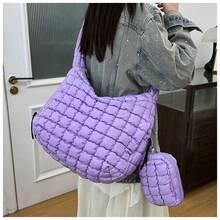 18'' Large Quilted Puffer Bag With Pouch For Women Large Puffer Tote Bag & Quilted Makeup Bag Quilted Crossbody Bag Hobo Crossbody Lightweight Padding Puff Purse Tote Bag Soft Padding Hobo Puffer Shoulder Handbag Quilted Carryall Bag Lightweight For Women Everyday Work Travel GYM - 二合一紫色 - 查看 1