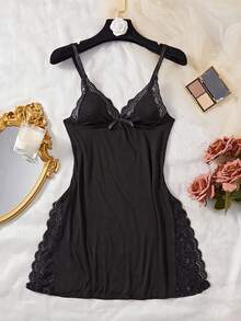 1pc Women's Sexy Lace Patchwork V-Neck Satin Black Dress, Bow Decor, Romantic Side Slit Backless Spaghetti Strap Nightgown And Sleepwear, Women's Summer Vacation Outfit, Women's Sexy Lingerie, Rave - Black - View 8