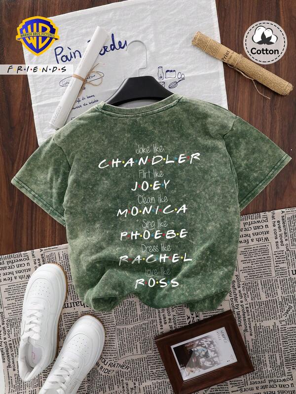 Warner Bros LILL, Autumn "Friends" Pattern T-Shirt Top, Slightly Elastic Fit Washed And Distressed Cotton Green Round Neck Short-Sleeved T-Shirt, Casual Daily T-Shirt Top