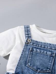 Vestido de peto de mezclilla lavada con lazo blanco 3D para niñas, con tirantes ajustables - Azul - Ver 8