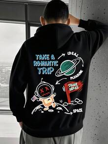 1PC Teen Boys Cartoon Space - Element Hooded Sweatshirt, Spring Autumn School Activities Personalized Style - Black - View 1