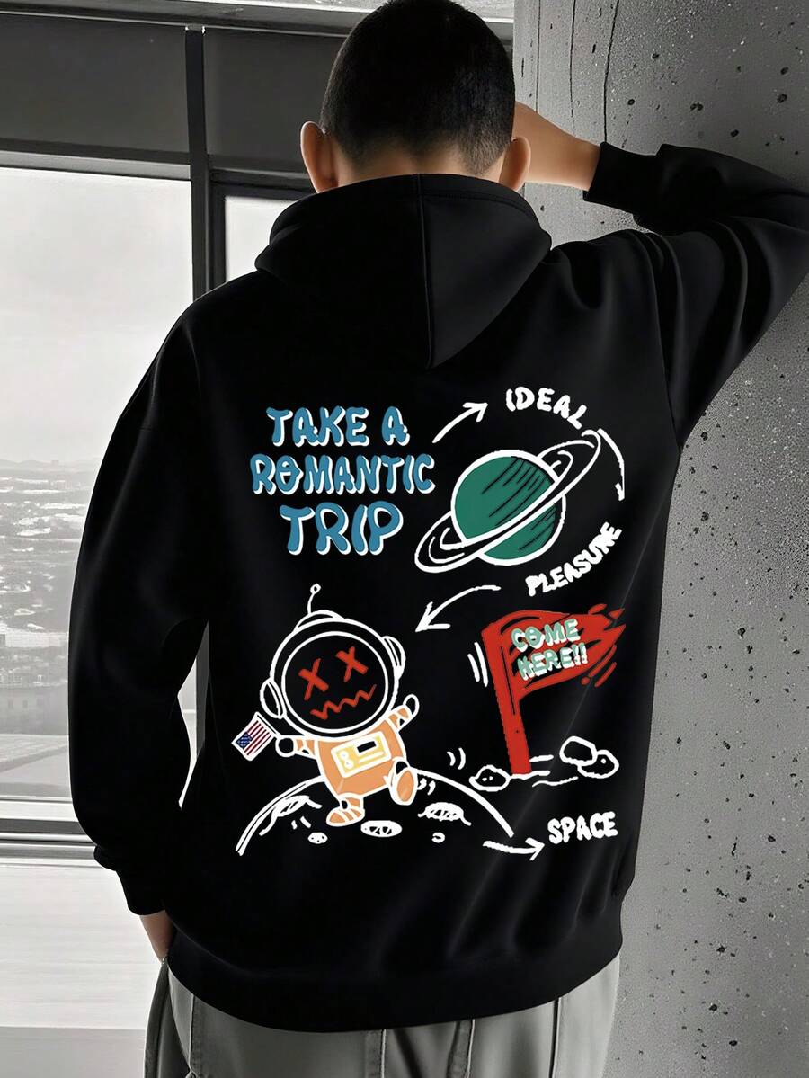 1PC Teen Boys Cartoon Space - Element Hooded Sweatshirt, Spring Autumn School Activities Personalized Style - Black - View 1