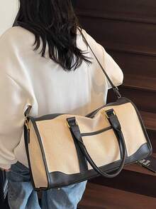 大容量极简旅行手提包，时尚撞色波士顿单肩包，休闲百搭，可单肩背或斜挎，黑/棕色配米色，旅行、度假必备，女士 - 黑色 - 查看 6