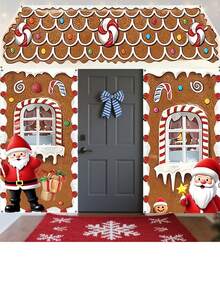 3pcs/Set New Christmas Gingerbread House Santa Claus Curtain, Winter Christmas Photo Backdrop Party Decoration Hanging Cloth Set