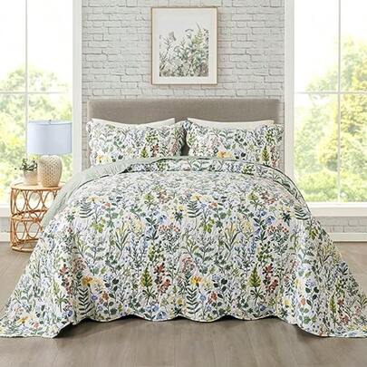 3Piece Quilt Set Quilted Bedspread Lightweight Coverlet Set Garden Style Floral Printed Oversized Quilted Bedding Set With Shams For All Season Exquisite Queen Size