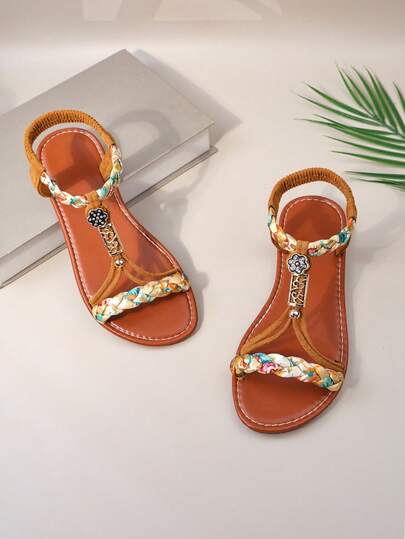 1 đôi dép xăng đan đế bằng da giả, thoải mái, chống trượt, kiểu dáng bohemian, hở mũi, nhiều màu sắc, kết hợp dây bện và họa tiết hoa, thích hợp cho mặc hàng ngày hoặc đi nghỉ mát.