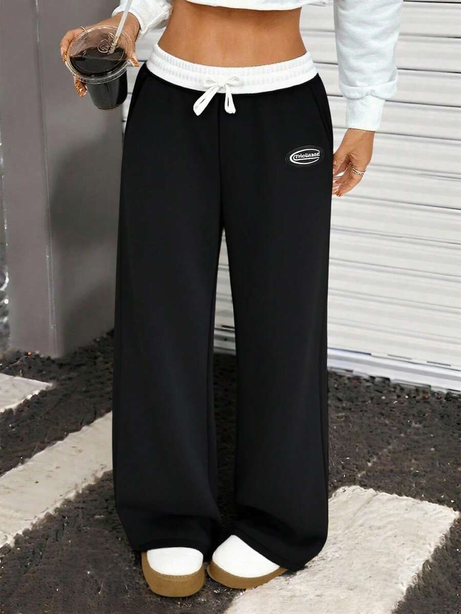 Outdoor Casual Loose Drawstring Wide Leg Tween Girls Sweatpants - Black - View 1