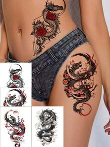 1 Set Of 4pcs Temporary Dragon Tattoo Stickers, Fashion Body Art Tattoos For Arm, Leg, Waist, Waterproof And Sweatproof, Suitable For Men And Women, Realistic Fake Tattoos, Easy To Apply And Remove