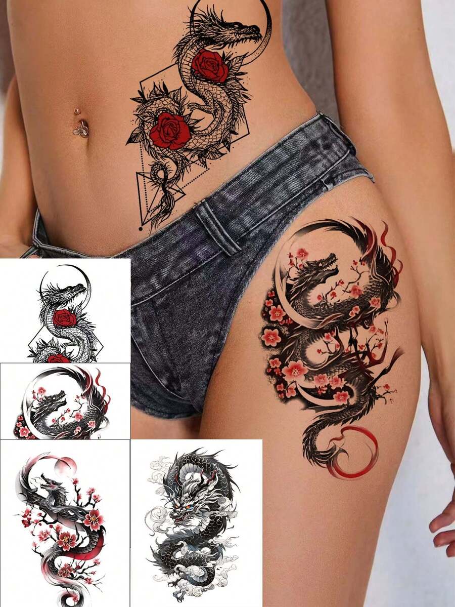 1 Set Of 4pcs Temporary Dragon Tattoo Stickers, Fashion Body Art Tattoos For Arm, Leg, Waist, Waterproof And Sweatproof, Suitable For Men And Women, Realistic Fake Tattoos, Easy To Apply And Remove