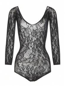 1 pieza Mono de manga larga con abertura delantera hueca para mujer de talla grande, mono sexy de jacquard, adecuado para el Día de San Valentín, Halloween, Navidad