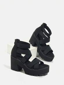 Giày cao gót đế xuồng chống nước hở mũi, quai thun, kiểu dáng chiến binh, thường ngày mùa hè, có khóa kéo sau lưng dành cho nữ - màu đen - Xem 5