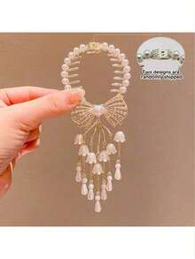 1个优雅金属花朵、仿珍珠和流苏装饰发夹，可固定发髻，适合日常佩戴、派对等场合，仙气十足，爪夹、发夹、发卡、发夹、发饰、度假装扮、头部配饰、发卡 - 金色 - 查看 9