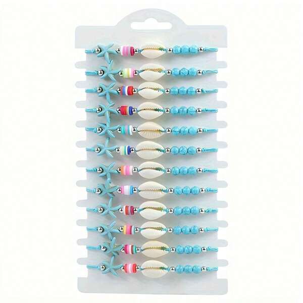 Set de 12 pulseras de con dijes de conchas, acentos de turquesa sintética y cuentas, estilo surfero hecho a mano, ajustable, perfecto para uso diario, regalos y reuniones de verano