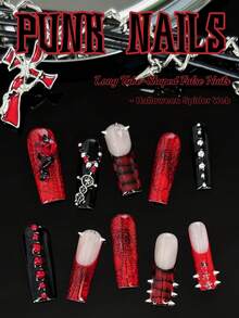 Thiết kế độc đáo, Làm thủ công, 10 mẫu móng tay phong cách Punk, Móng tay giả hình ống dài, Phiên bản Halloween màu đỏ máu, Sự kết hợp hoàn hảo giữa họa tiết mạng nhện và cá sấu khiến bạn trở thành một cô gái Punk độc đáo. - Nhiều màu - Xem 1