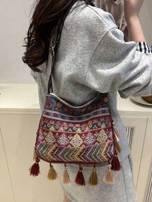 大容量时尚韩版流苏休闲包，2025新款多功能单肩斜挎包 - 紅色 - 查看 5