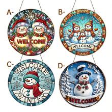1PC Double Snowman Welcome Sign - Vintage Round Acrylic Hanging Decoration With Stained Glass Style Snowflakes & Holly Berry, Bright White For Christmas, Thanksgiving, Halloween-Christmas Gifts, Holiday Display, Bohemian Style, Colorful Snowflakes