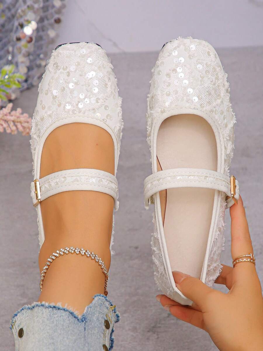 Sepatu Flat Mary Jane Vintage Ukuran Plus 35-43, Sepatu Kerja Sol Lembut Ujung Persegi, Sepatu Balerina Bertali Baru untuk Pakaian Sehari-hari & Pesta Musim Semi/Gugur untuk Wanita, Pola Acak - Putih - View 1