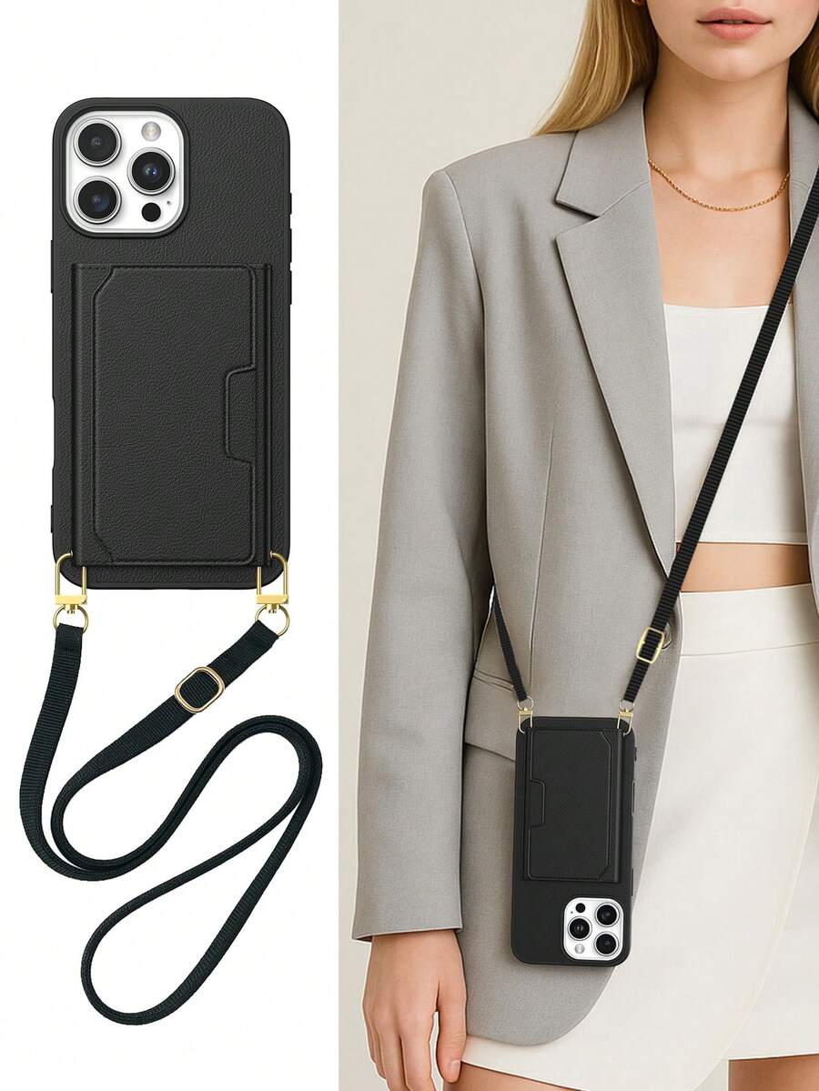 适用于 13 的 16 Pro Max 卡包式手机壳,带可拆卸肩带,钱包式设计,配件可调节 - 黑色 - 查看 1