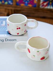 1pc Korean Ins-Style Hand-Painted Ceramic Coffee Cup & Saucer Set, Asymmetrical Cup Body With Cherry & Strawberry Pattern, Practical Ceramic Drinkware For Office, Casual, Breakfast, Afternoon Tea
