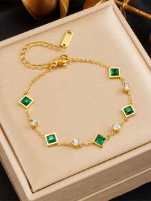 Set Of Luxury Fashion Gold-Plated Stainless Steel Square Emerald & Rhinestone Decor Minimalist Necklace & Bracelet Jewelry Set, Suitable For Daily Wear And Gift Giving - Yellow Gold - View 3