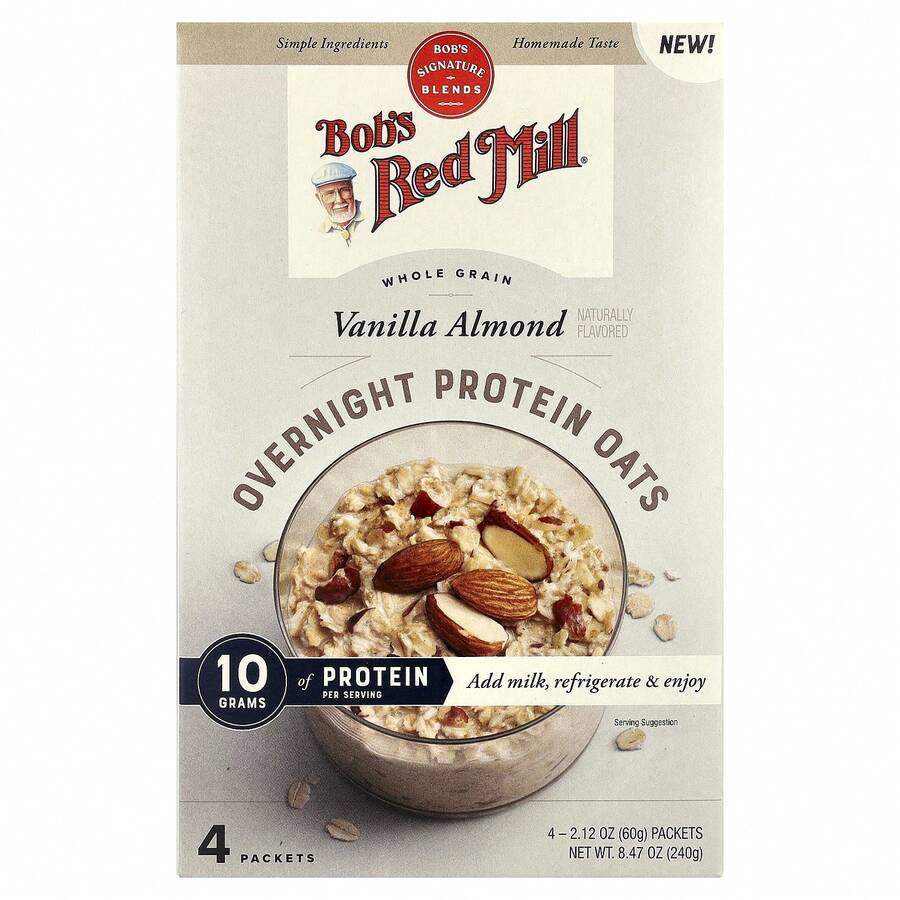Bob's Red Mill Overnight Protein Oats, Whole Grain, Vanilla Almond, 4 Packets, 2.12 Oz (60 G) Each